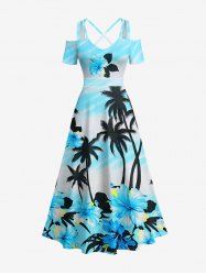 Robe longue hawaïenne grande taille à imprimé cocotiers et fleurs d'hibiscus, épaules dénudées et croisée - Bleu Ciel S