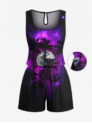 Plus Size Coconut Tree Galaxy Moon Print Cinched Hawaii Romper -  