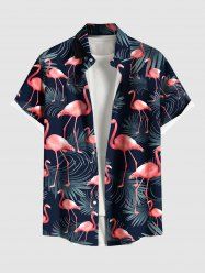 Plus Size Flamingo Tropical Leaf Print Buttons Pocket Hawaii Shirt For Men -  