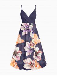 Plus Size Flower Leaf Print Hawaii Surplice A Line Cami Dress -  