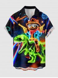 Plus Size Glitter Dinosaur Cat Planet Galaxy Print Hawaii Button Pocket Shirt For Men -  