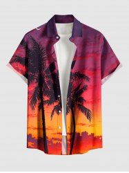Plus Size Coconut Tree Ombre Dusk Print Hawaii Button Pocket Shirt For Men -  