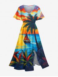 Plus Size Coconut Tree Sea Sailboat Dusk Painting Print Hawaii Split Pocket A Line Midi Dress -  