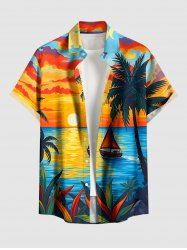 Plus Size Coconut Tree Sea Sailboat Dusk Painting Print Hawaii Button Pocket Shirt For Men -  