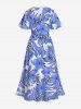Robe mi-longue hawaïenne fendue à imprimé de fleurs d'hibiscus et de feuilles, grande taille - Bleu L