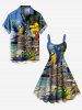 Robe débardeur hawaïenne imprimée cocotier et perroquet grande taille - Bleu Ciel S