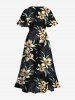 Plus Size Flowers Leaf Print Split Hawaii Midi Dress -  