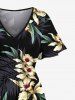 Plus Size Flowers Leaf Print Split Hawaii Midi Dress -  
