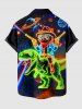 Plus Size Glitter Dinosaur Cat Planet Galaxy Print Hawaii Button Pocket Shirt For Men -  