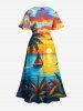 Coconut Tree Sea Sailboat Dusk Painting Print Hawaii Split Pocket A Line Midi Dress -  