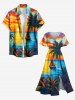 Coconut Tree Sea Sailboat Dusk Painting Print Hawaii Split Pocket A Line Midi Dress -  