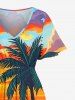 Plus Size Coconut Tree Sea Sailboat Dusk Painting Print Hawaii Split Pocket A Line Midi Dress -  