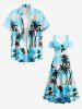 Robe longue hawaïenne grande taille à imprimé cocotiers et fleurs d'hibiscus, épaules dénudées et croisée - Bleu Ciel S