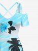 Robe longue hawaïenne grande taille à imprimé cocotiers et fleurs d'hibiscus, épaules dénudées et croisée - Bleu Ciel S