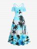 Robe longue hawaïenne grande taille à imprimé cocotiers et fleurs d'hibiscus, épaules dénudées et croisée - Bleu Ciel S