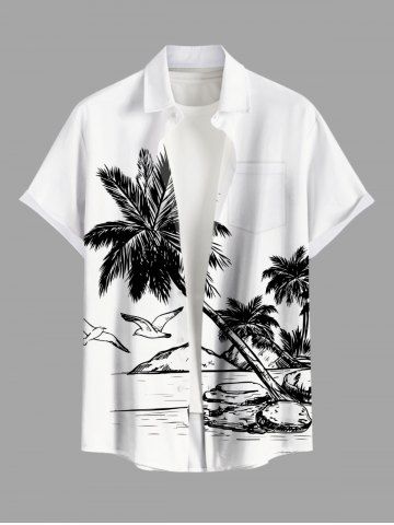 Plus Size Coconut Tree Bird Seascape Print Buttons Pocket Hawaii Shirt For Men - WHITE - L
