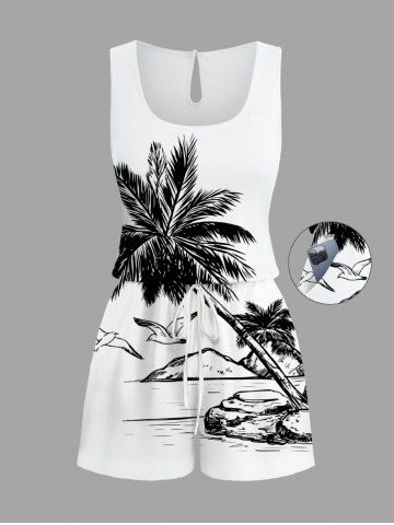 Combinaison hawaïenne grande taille à imprimé cocotier et oiseaux, cintrée - WHITE - 5X