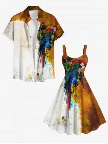 Ensemble de plage hawaïen assorti pour couples, imprimé colorblock à motifs de perroquets, grandes tailles