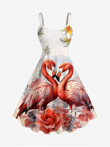 Robe hawaïenne grande taille à imprimé cocotier, fleur de mer et flamant rose - RED - 2X