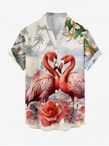 Plus Size Coconut Tree Sea Flower Flamingo Print Hawaii Button Pocket Shirt For Men - RED - 2XL