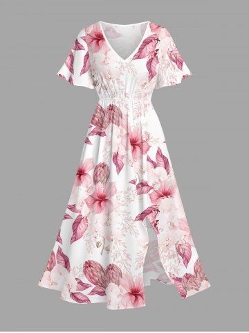 Plus Size Hibiscus Flower Tropical Print Split Hawaii Midi Dress - PINK - S