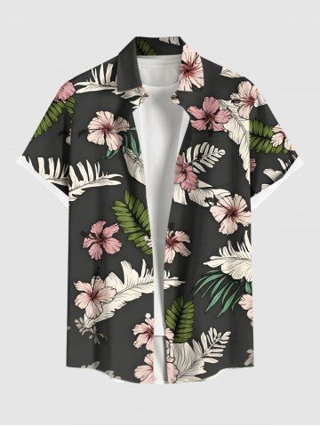 Plus Size Hibiscus Flower Tropical Leaf Print Buttons Pocket Hawaii Shirt For Men - GRAY - 6XL