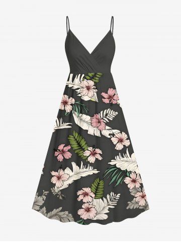 Plus Size Hibiscus Flower Tropical Leaf Print Surplice Hawaii Cami Dress - GRAY - M