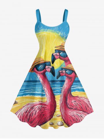 Robe trapèze grande taille imprimée flamants roses et soleil sur la mer, style hawaïen - LIGHT BLUE - L