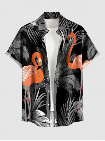 Chemise à boutons grande taille pour homme, imprimé flamant rose et feuilles tropicales, cocotiers, hawaïennes. - BLACK - M