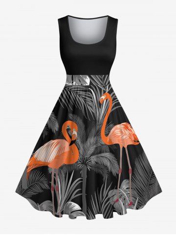 Robe trapèze vintage hawaïenne à imprimé flamants roses et feuilles tropicales, grande taille, cocotier - BLACK - M
