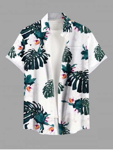 Chemise hawaïenne grande taille pour homme, imprimée de fleurs tropicales et de feuilles, avec boutons et poche. - WHITE - 2XL