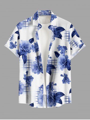 Chemise hawaïenne à carreaux et imprimé floral grande taille pour homme - BLUE - XL