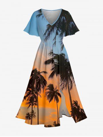 Robe midi trapèze grande taille à imprimé hawaïen ombré ciel crépusculaire et cocotiers, poche fendue - SKY BLUE - XS