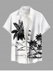Chemise hawaïenne grande taille pour homme, imprimée cocotiers et oiseaux, paysage marin, boutons et poche. - Blanc 2XL