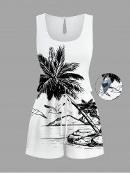Coconut Tree Bird Seascape Print Cinched Hawaii Romper -  