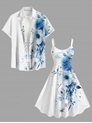 Ensemble de plage hawaïen assorti grande taille à imprimé fleurs et feuilles pour couples - Blanc 