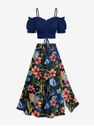Flowers Leaf Print Plus Size Hawaii Matching Set -  