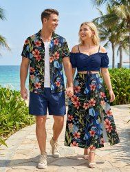 Flowers Leaf Print Plus Size Matching Hawaii Beach Outfit For Couples -  