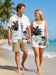 Ensemble hawaïen assorti chemise et barboteuse grande taille, tenue de plage imprimée cocotiers et oiseaux, paysage marin pour couples - Blanc 