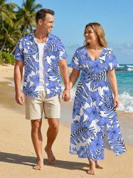 Ensemble de plage hawaïen assorti grande taille à imprimé fleurs d'hibiscus pour couples - Bleu 