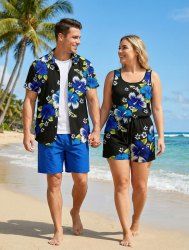 Ensemble hawaïen assorti chemise et barboteuse grande taille, tenue de plage à imprimé fleurs d'hibiscus pour couples - Noir 