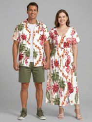 Ensemble de plage hawaïen assorti grande taille pour couples, imprimé cocotiers, hibiscus et perroquets - Rose clair 