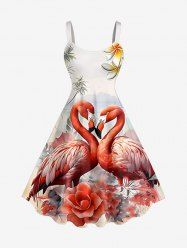 Plus Size Coconut Tree Sea Flower Flamingo Print Hawaii A Line Dress -  