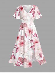 Plus Size Hibiscus Flower Tropical Print Split Hawaii Midi Dress -  