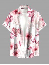 Plus Size Hibiscus Flower Tropical Print Buttons Pocket Hawaii Shirt For Men -  