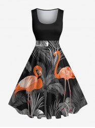 Robe trapèze vintage hawaïenne à imprimé flamants roses et feuilles tropicales, grande taille, cocotier - Noir 5X