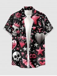 Chemise grande taille homme à imprimé tête de mort, couronne de roses et cœur, poche boutonnée - Noir S