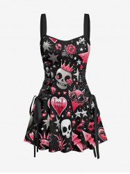 Robe trapèze à lacets, imprimé tête de mort, couronne, rose et cœur - Noir XL