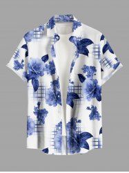 Plus Size Flower Leaf Plaid Print Hawaii Button Pocket Shirt For Men -  