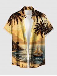 Coconut Tree Sailboat Sea Sun Print Hawaii Button Pocket Shirt For Men -  